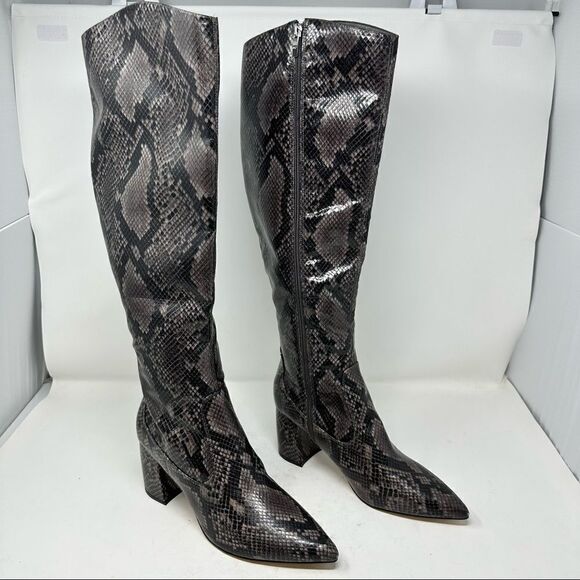 Marc Fisher Snake Grey Black Pointed Toe Over Knee Boots Side Zip 9.5 - Picture 1 of 9